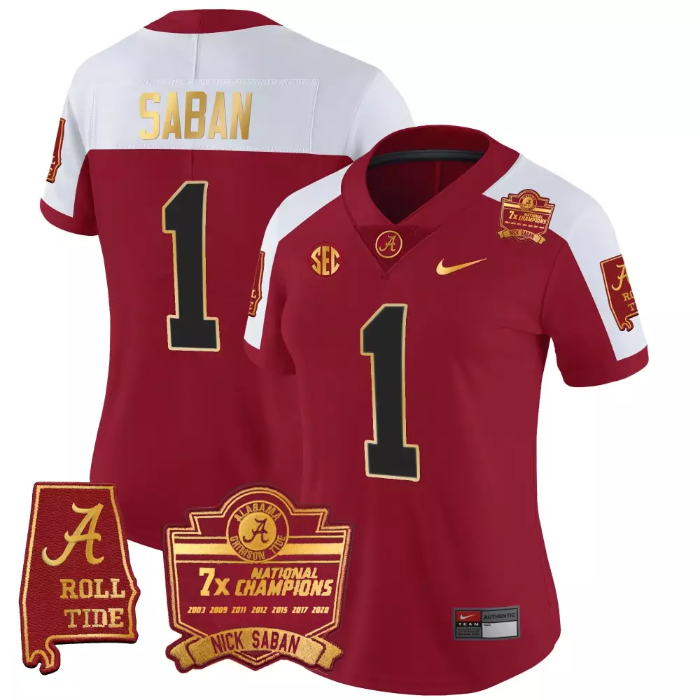 Nick Saban Alabama Crimson Tide 7x Champions Patch Gold Trim Jersey | Stitched Crimson Alternate Style for Women | Perfect Gift Idea