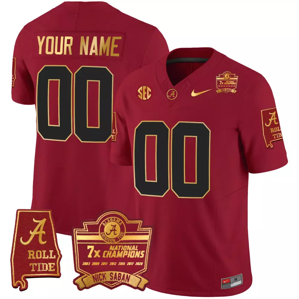 Youth Crimson Alabama Crimson Tide Nick Saban 7x Champions Patch Gold Trim Custom Jersey | Stitched Fan Gear | For Men, Women & Youth