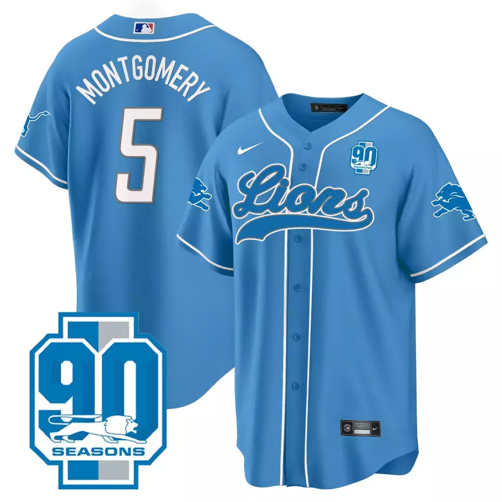 David Montgomery Lions 90th Year Patch Baseball Jersey | Blue Stitched Fan Gear | For Men, Women & Youth