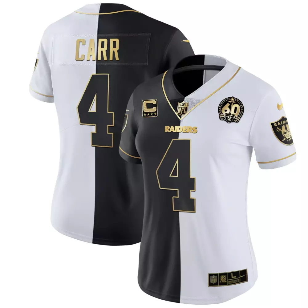 Derek Carr Split Gold Women's Las Vegas Raiders 60th Season Patch Jersey | All Stitched Fan Gear | For Women, Men & Youth