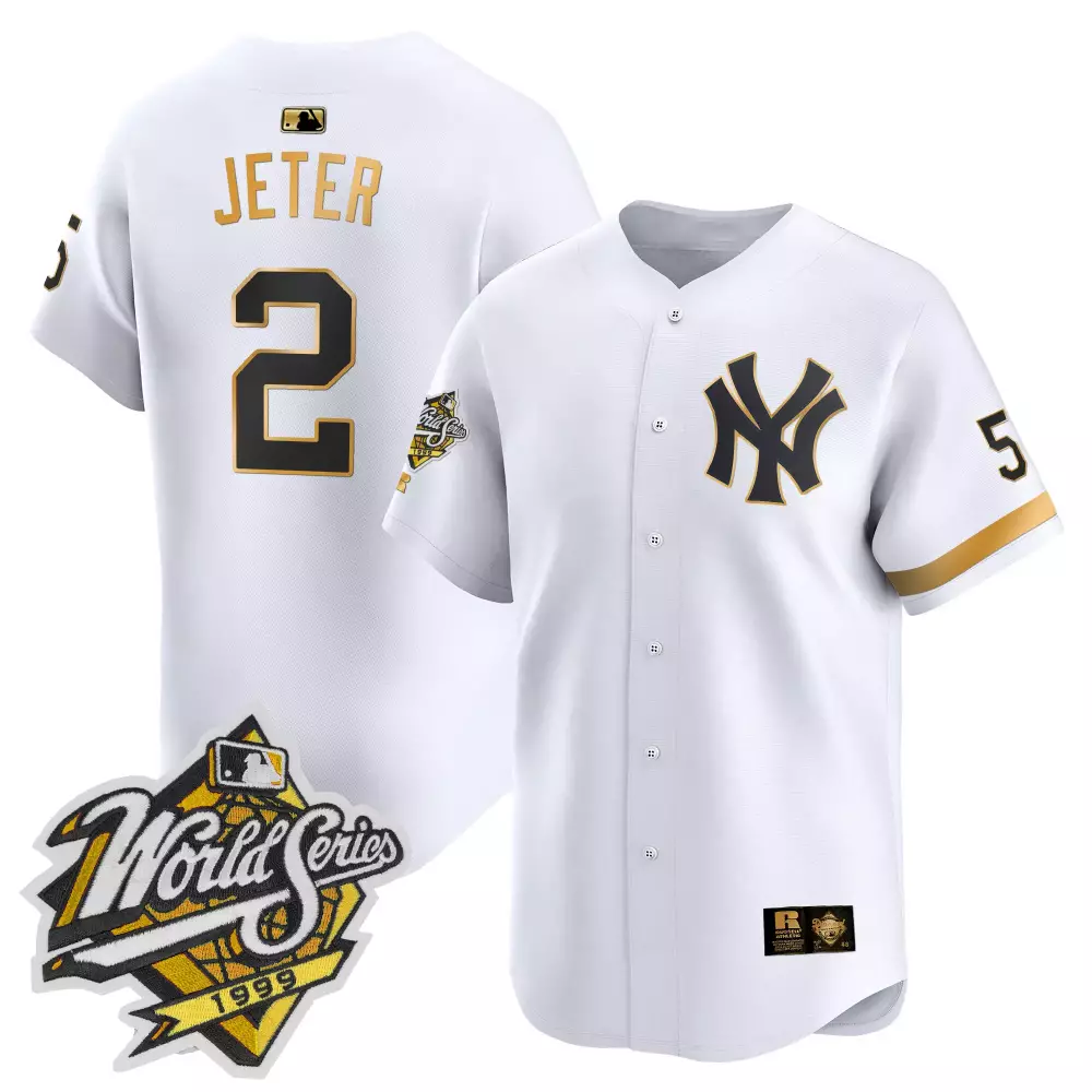 Derek Jeter Yankees 1999 Men's White Gold Throwback Jersey | Limited Edition with Joe DiMaggio Patch | For Men, Women & Youth