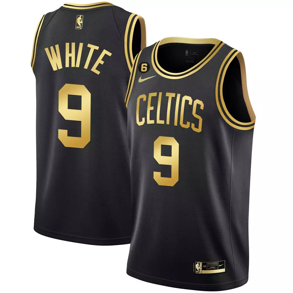 Derrick White Black Gold Men's Boston Celtics Bill Russell Patch Collection Jersey | All Stitched Fan Gear | For Men, Women & Youth