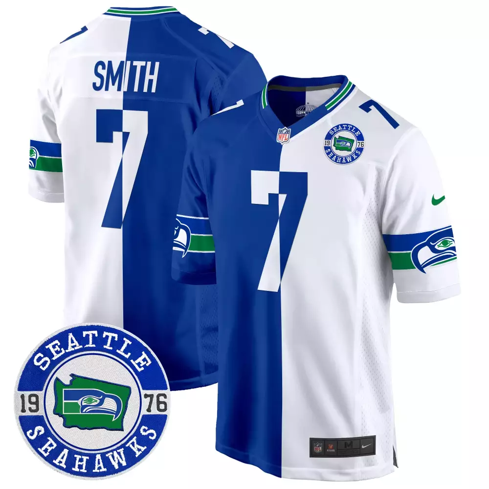 Geno Smith Seattle Seahawks Split Men's Throwback EST 1976 Patch Game Jersey | All Stitched | For Men, Women & Youth