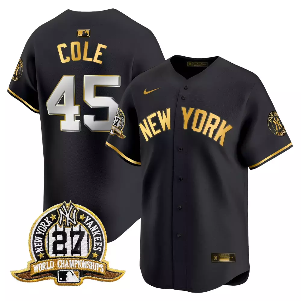 Gerrit Cole Black Gold Yankees 27 Time Champions Jersey V2 | Vapor Premier Limited Edition | Custom Stitched Fan Gear | For Men, Women & Youth