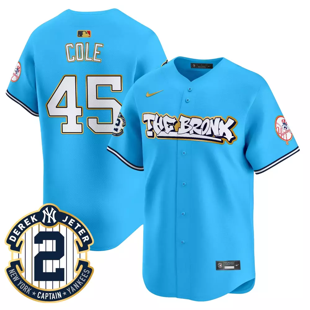 Gerrit Cole Light Blue Yankees Jersey | Bronx Graffiti Gold Trim Vapor Premier Limited Edition | Fan Gear for Men, Women & Youth