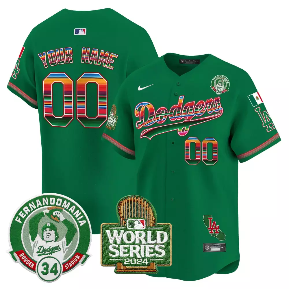 Youth Dodgers Mexico Fernando Valenzuela 2024 World Series Patch Premier Limited Custom Jersey | Green | Fan Gear for Men, Women & Youth