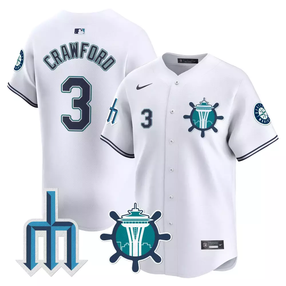 JP Crawford White Mariners Trident Patch Jersey | Vapor Premier Limited Edition Fan Gear | For Men, Women & Youth