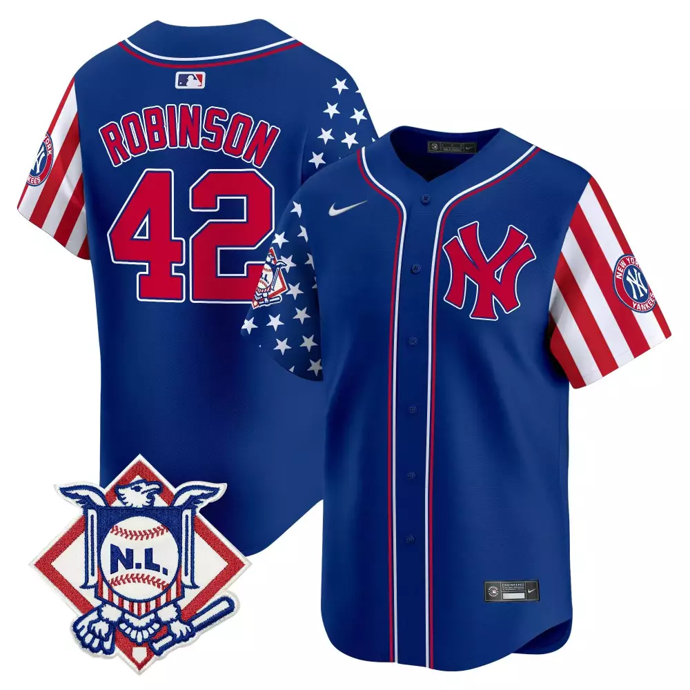 Jackie Robinson Royal Yankees 2024 Fourth of July Jersey | Vapor Premier Limited Edition | Stitched Fan Gear | For Men, Women & Youth