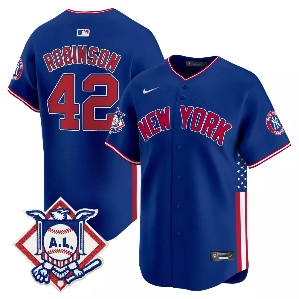 Jackie Robinson Royal Yankees 2024 Fourth of July Jersey V8 | Vapor Premier Limited Edition | Stitched Fan Gear | For Men, Women & Youth