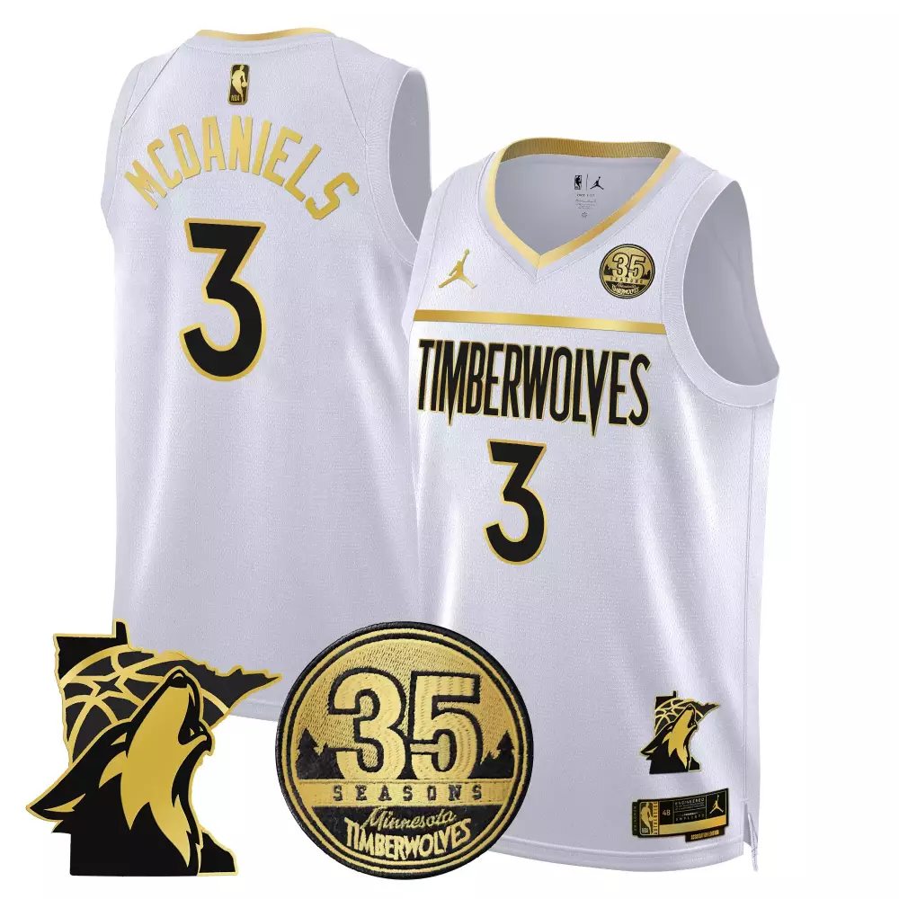 Jaden McDaniels White Gold 35th Season Swingman Jersey | Stitched Minnesota Timberwolves Fan Gear | For Men, Women & Youth