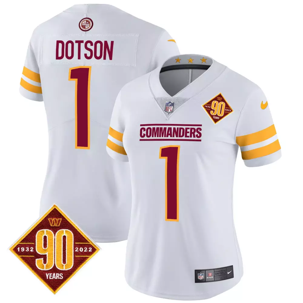 Jahan Dotson Washington Commanders 90th Anniversary Vapor Jersey V2 | White Stitched Women's Fan Gear | For Women & Youth