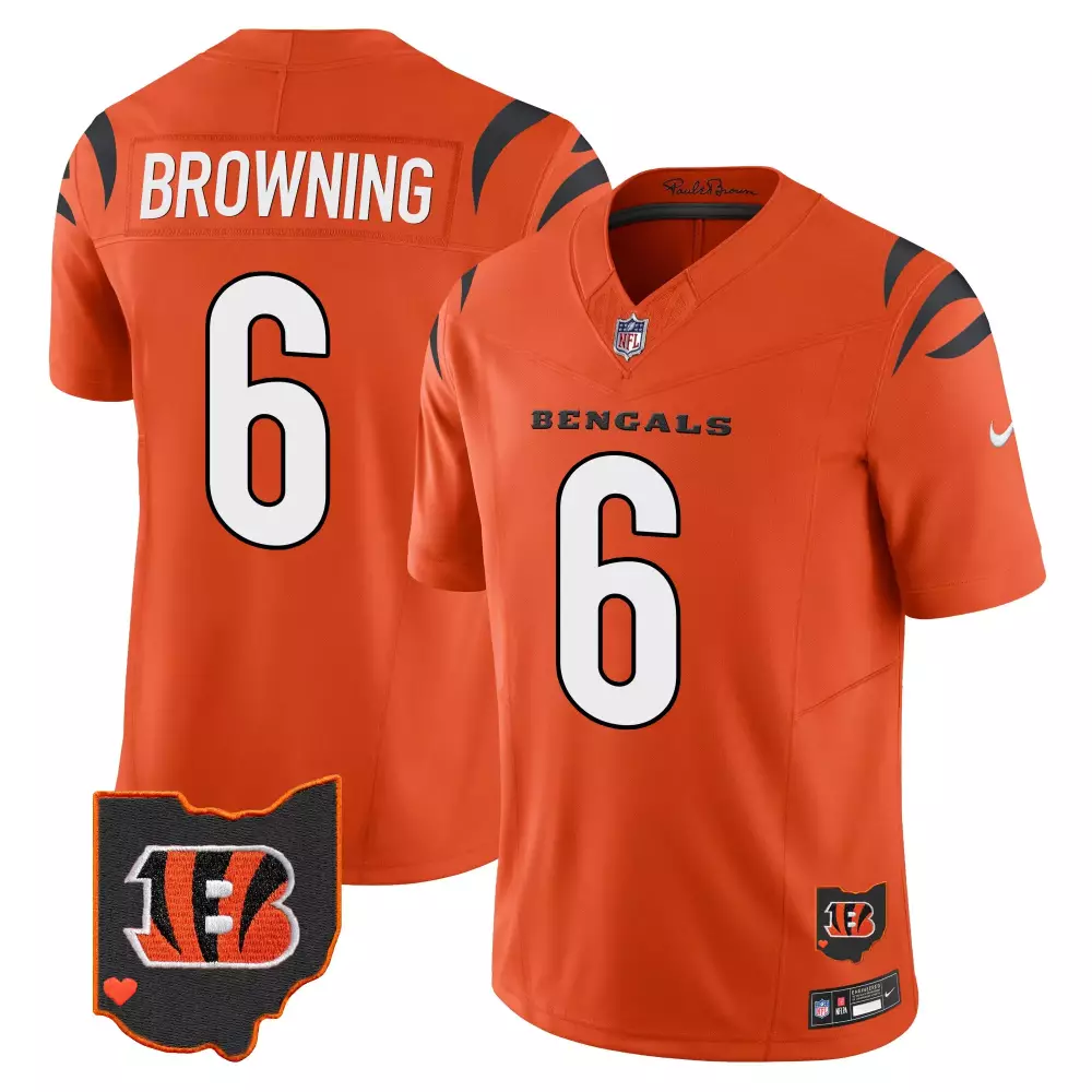 Jake Browning Orange Men's Cincinnati Bengals Ohio Patch Vapor Limited Jersey | All Stitched Fan Gear | For Men, Women & Youth