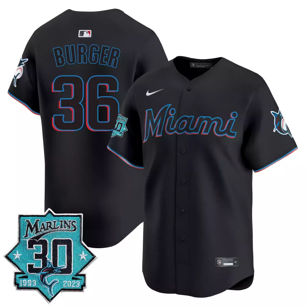 Jake Burger Miami Marlins 30 Seasons Anniversary Patch Black Limited Jersey | Premier Style | Fan Gear for Men, Women & Youth