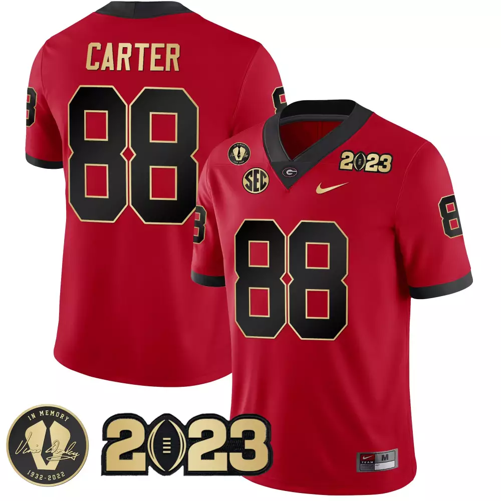 Jalen Carter Red & Gold Trim 2023 Champions V2 Jersey | All Stitched | Replica Fan Gear for Men, Women & Youth