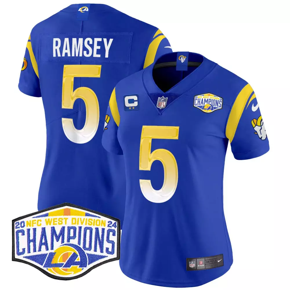 Jalen Ramsey Royal Women's Los Angeles Rams 2024 NFC West Division Champions Vapor Limited Jersey | Stitched Fan Gear | For Men, Women & Youth