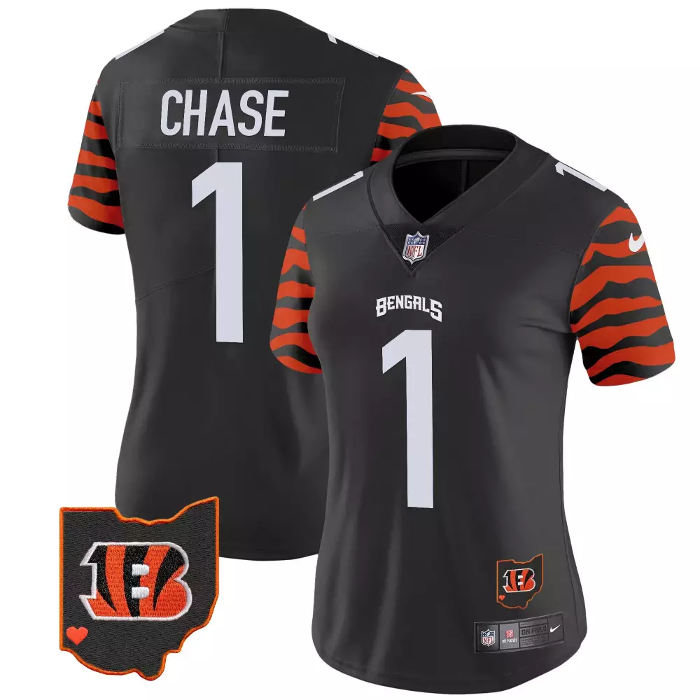 Jamarr Chase Cincinnati Bengals Stripes Black Vapor Limited Jersey for Women | Stitched Fan Gear | For Women & Youth