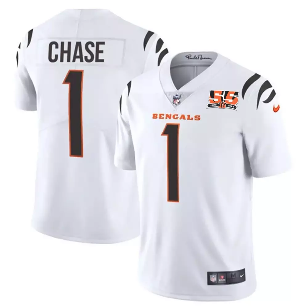 Jamarr Chase Cincinnati Bengals White Men's 55th Anniversary Patch Player Vapor Limited Jersey | All Stitched | Fan Gear for Game Day | For Men, Women & Youth