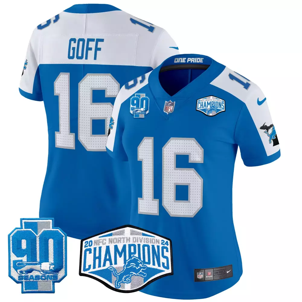 Jared Goff Lions 2024 NFC North Division Champions Blue Vapor Limited Jersey | Stitched Game Gear | For Men, Women & Youth