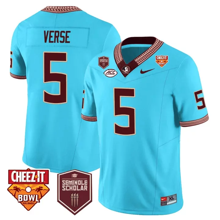 Jared Verse Turquoise Men's Jersey | Florida State Seminoles Seminole Heritage Cheez-It Bowl Patch | Limited Edition Stitched | For Men, Women & Youth