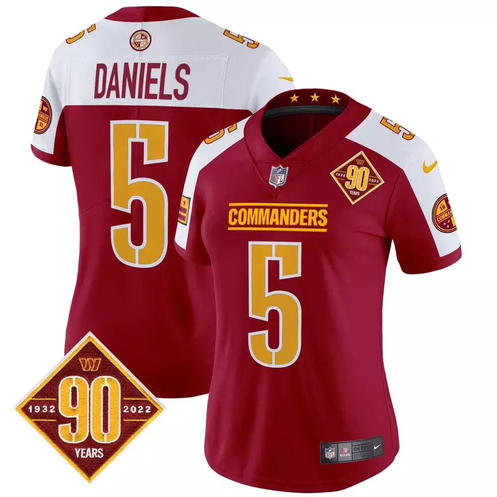 Jayden Daniels Burgundy Alternate Women's Washington Commanders 90th Anniversary Vapor Limited Jersey | Stitched Fan Gear | For Men, Women & Youth
