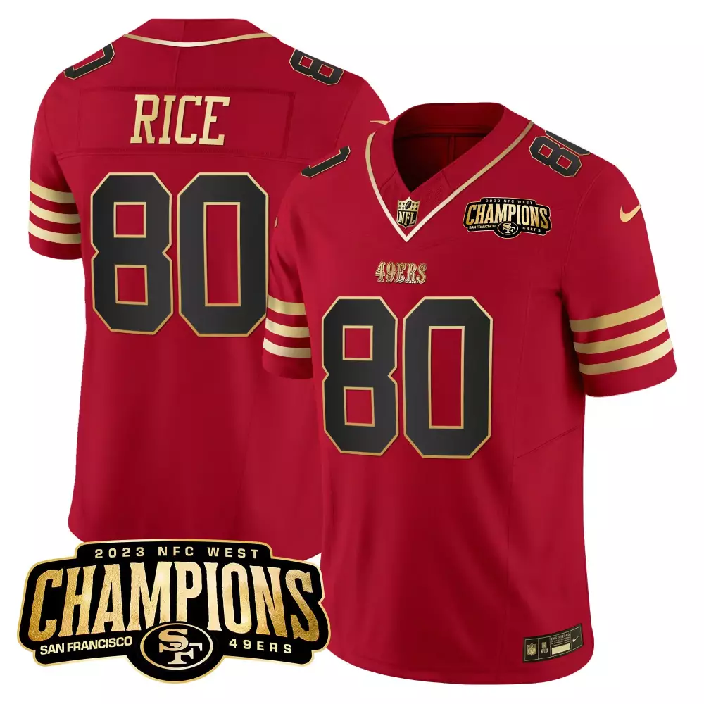 Jerry Rice 49ers 2023 NFC West Champions Patch Vapor Jersey | Black & Scarlet Stitched | Limited Edition Fan Gear | For Men, Women & Youth