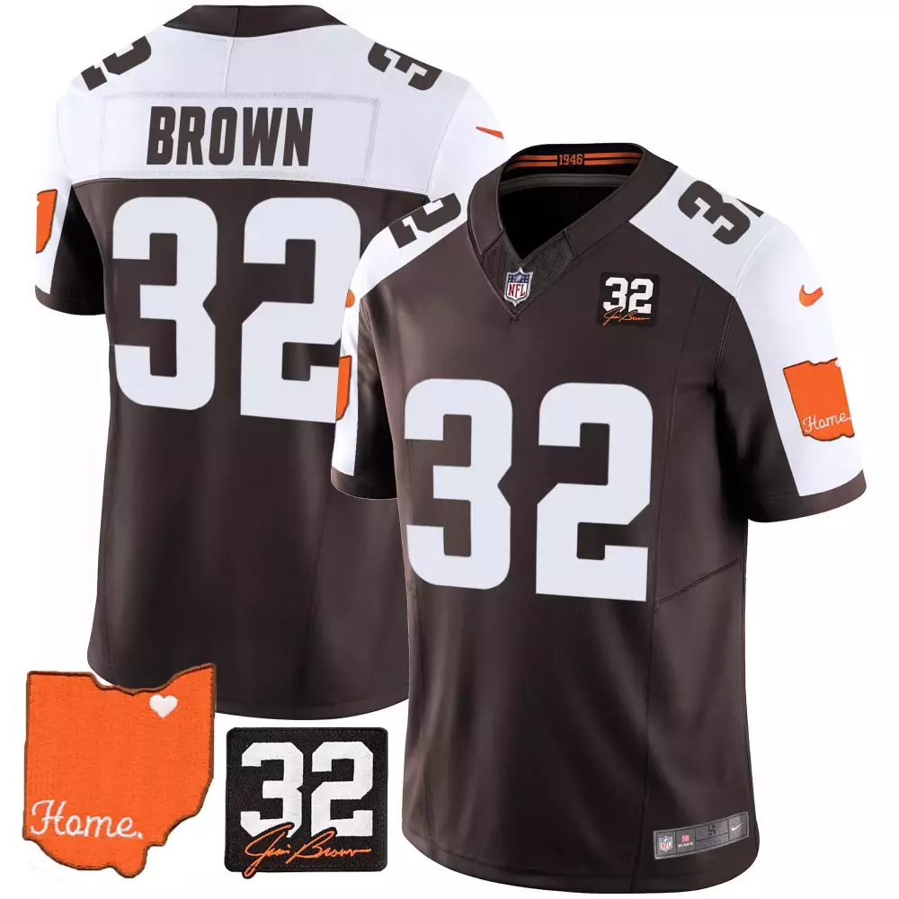 Jim Brown Alternate Men's Jersey | Cleveland Browns 32 Jim Brown Memorial Home Patch V2 | For Men, Women & Youth