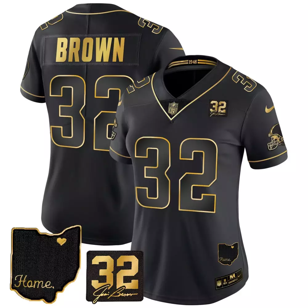 Jim Brown Women's Cleveland Browns 32 Memorial Home Patch Gold Jersey | Stitched | Limited Edition Fan Gear | For Men, Women & Youth