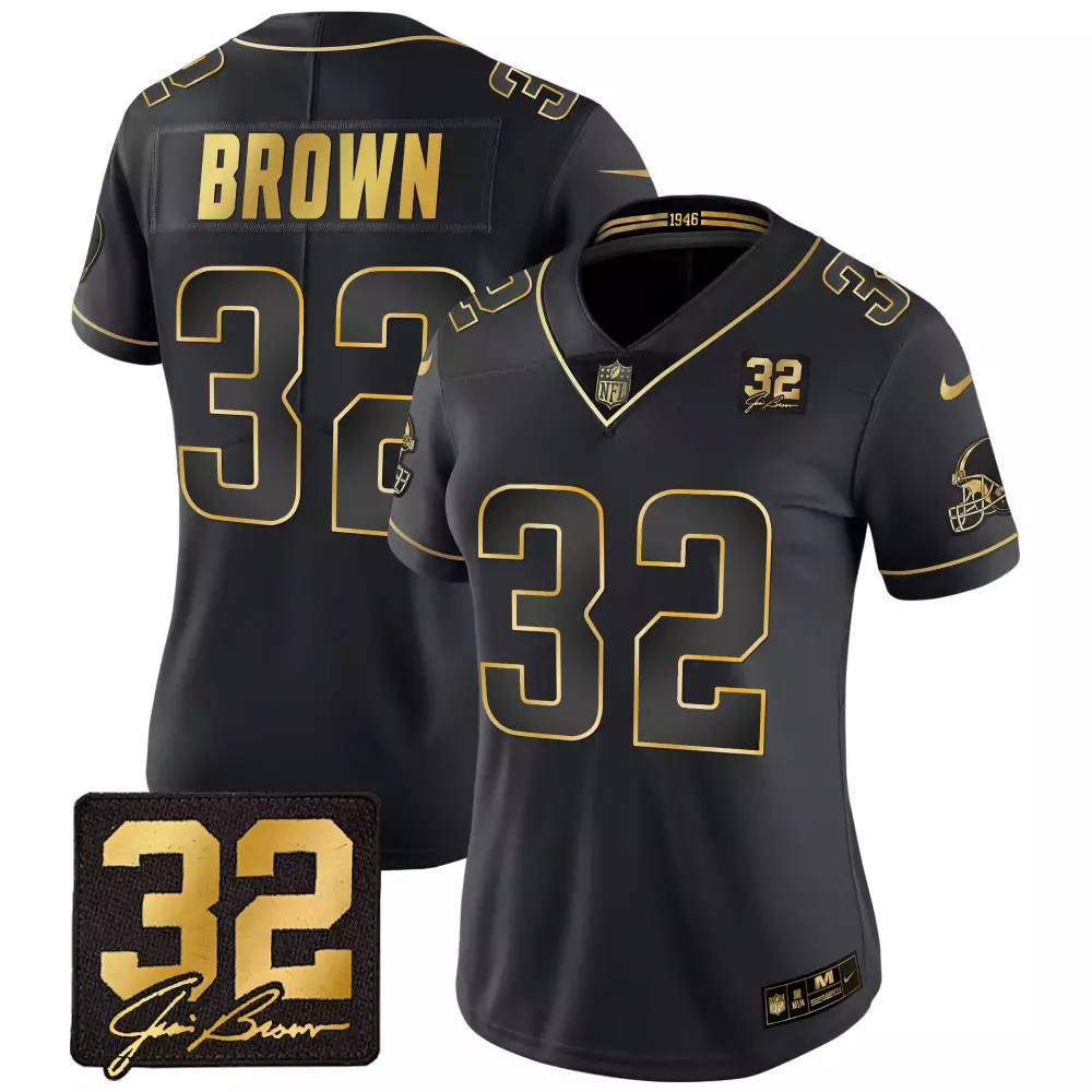 Jim Brown Women's Cleveland Browns 32 Memorial Patch Gold Jersey | Stitched | Replica Fan Gear for Game Day | For Men, Women & Youth