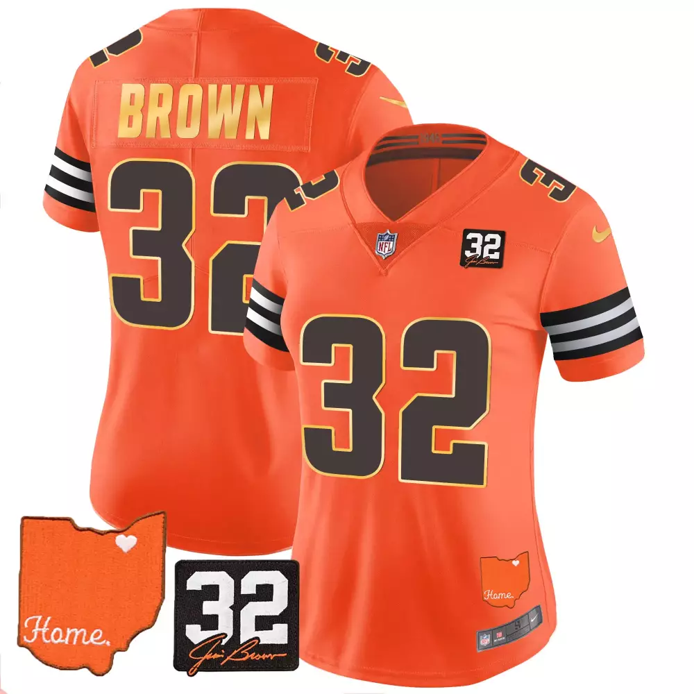 Jim Brown Cleveland Browns 32 Memorial Home Patch Gold Trim Jersey | Orange | Fan Gear for Women