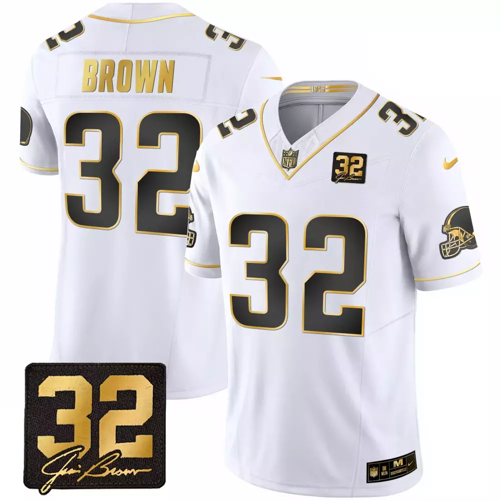 Jim Brown Cleveland Browns 32 Memorial Patch Gold Jersey | White Gold | Fan Gear for Men, Women & Youth