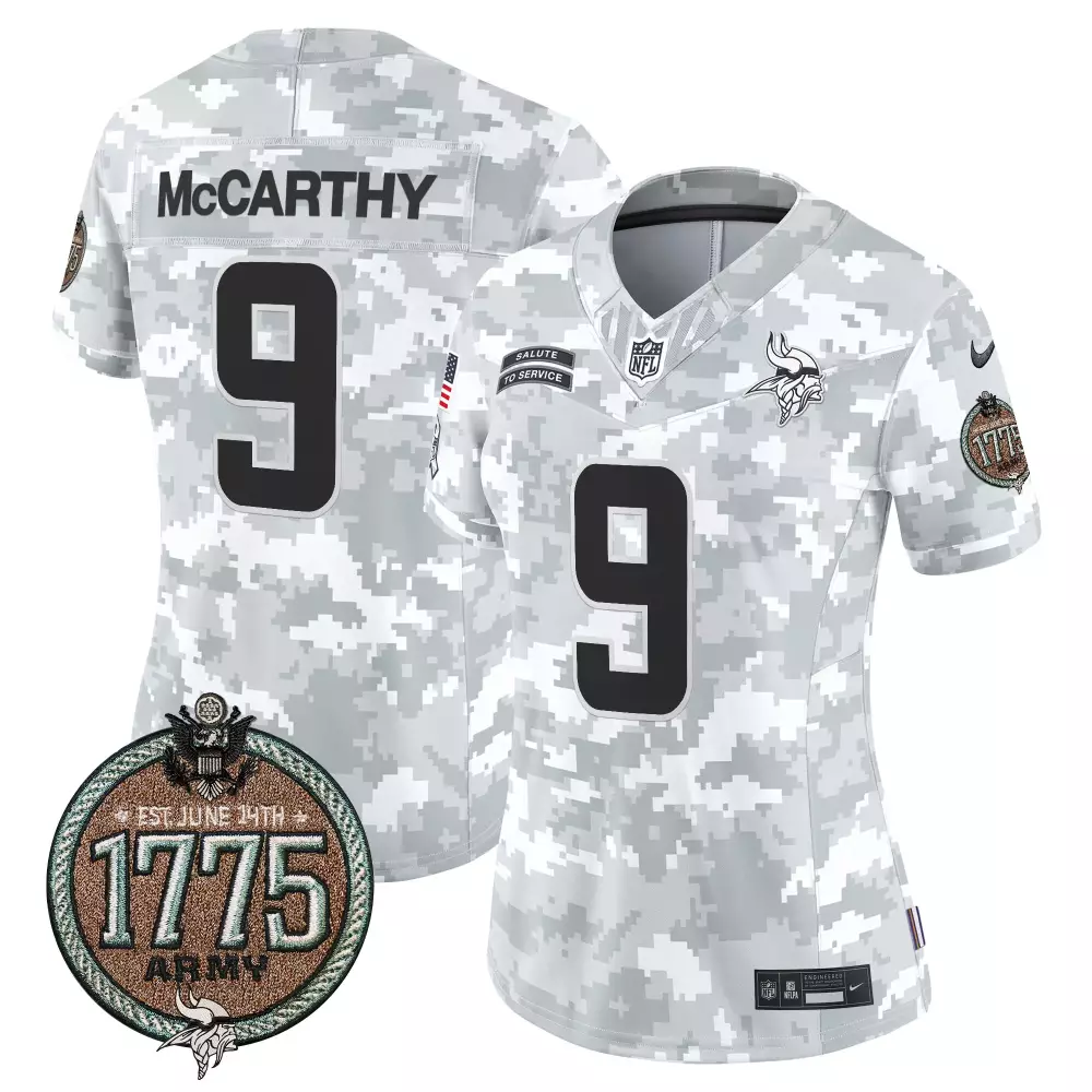 JJ McCarthy Minnesota Vikings Women's Army 2024 Salute to Service Jersey | Establishment Year Patch Vapor Limited | For Men, Women & Youth