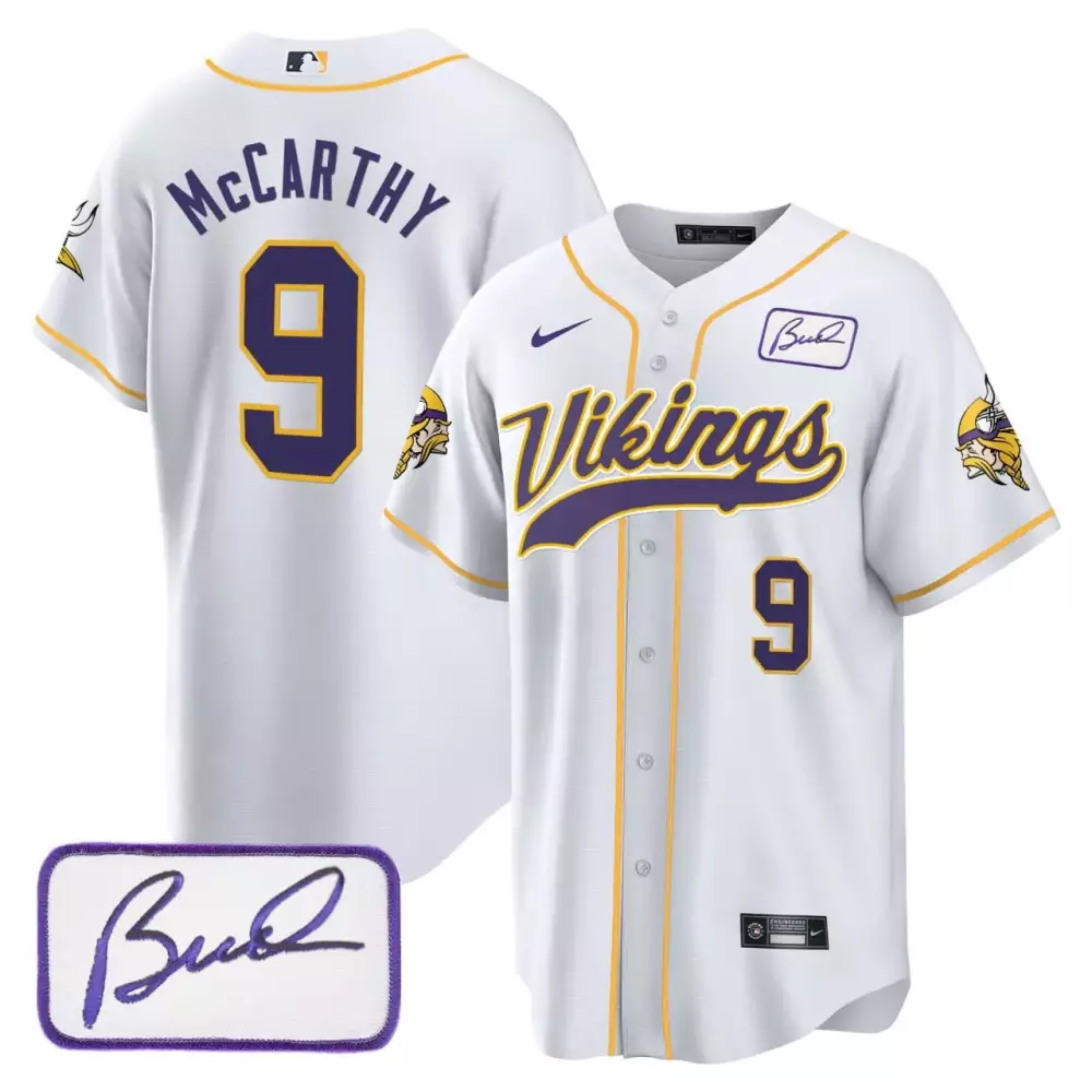 JJ McCarthy Minnesota Vikings White Men's Bud Grant Classic Baseball Jersey | Stitched Fan Gear | For Men, Women & Youth
