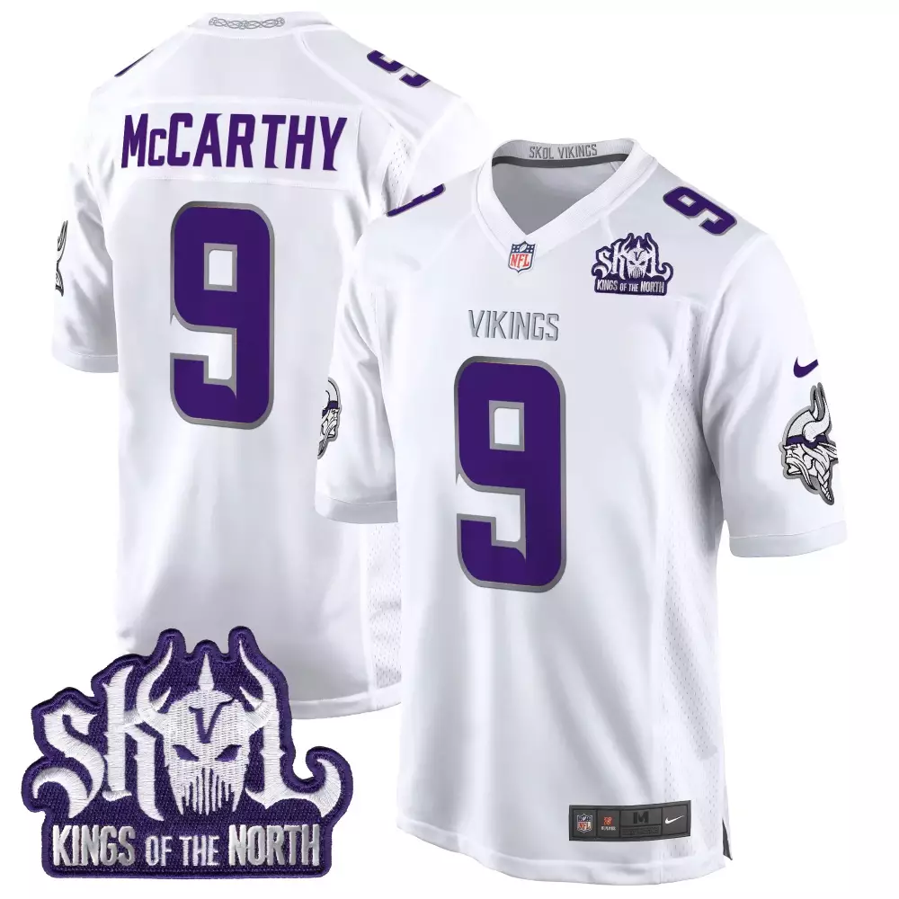 JJ McCarthy Minnesota Vikings Winter Warrior King of the North Patch Throwback Game Jersey | Stitched White | Fan Gear for Men