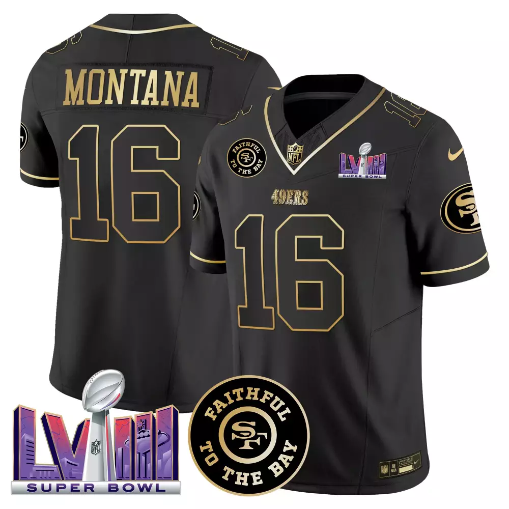 Joe Montana Black Gold Men's San Francisco 49ers Vapor Jersey V2 | Super Bowl LVIII Patch | For Men, Women & Youth