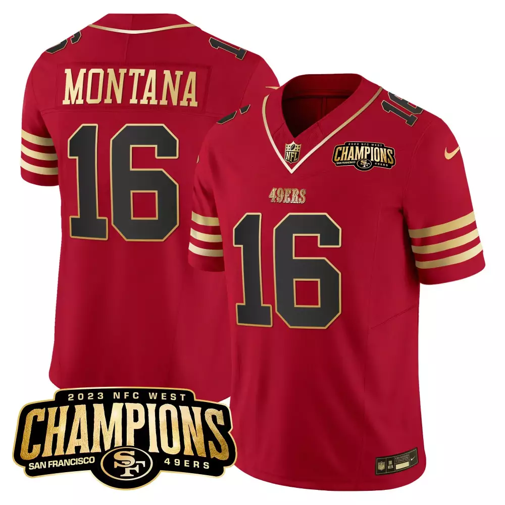 Joe Montana 49ers 2023 NFC West Champions Patch Vapor Jersey | Black & Scarlet Stitched | Limited Edition Fan Gear | For Men, Women & Youth