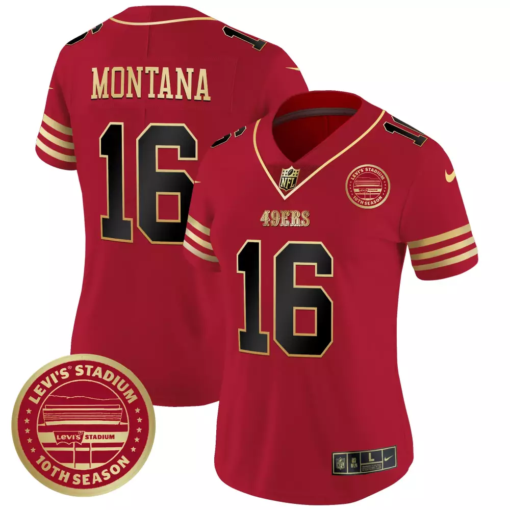 Joe Montana Black Scarlet Women's San Francisco 49ers Vapor Jersey | Levi's Stadium 10th Season Patch | For Men, Women & Youth