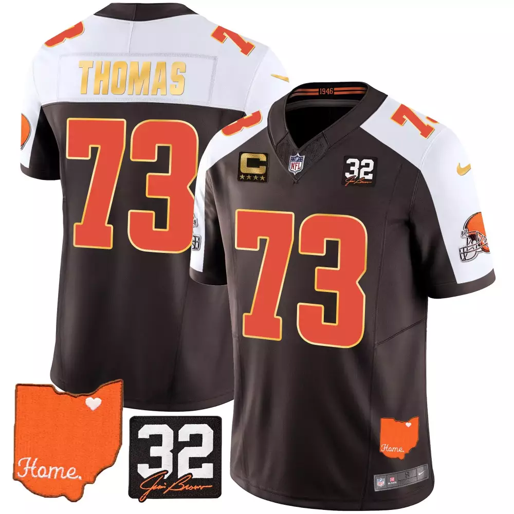 Joe Thomas Cleveland Browns 32 Jim Brown Memorial Home Patch Gold Trim Jersey | Alternate Style | All Stitched | Fan Gear for Men, Women & Youth