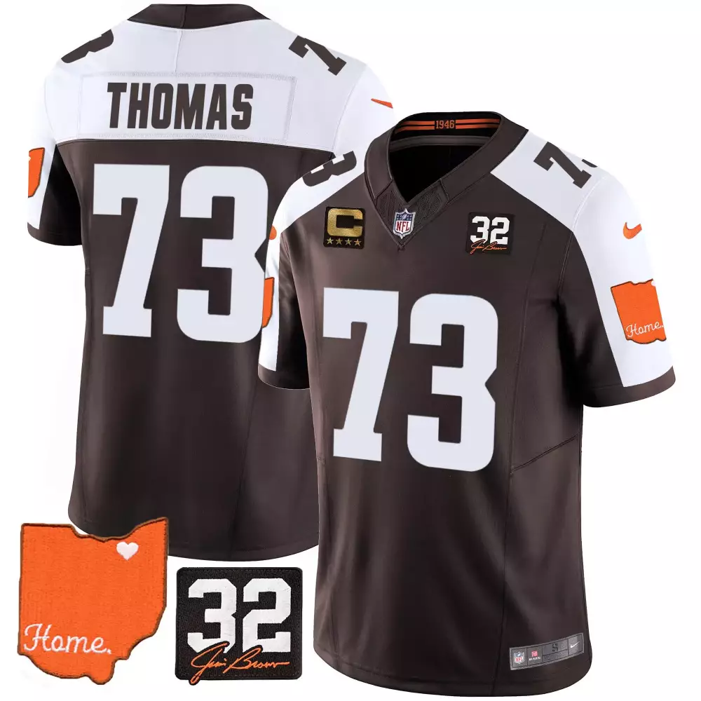 Joe Thomas Cleveland Browns 32 Jim Brown Memorial Home Patch Jersey V2 | Alternate Style | All Stitched | Fan Gear for Men, Women & Youth