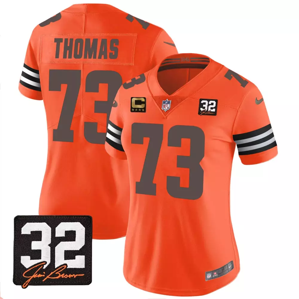 Joe Thomas Cleveland Browns 32 Jim Brown Memorial Patch Orange Women's Jersey | Stitched Fan Gear | For Women & Youth