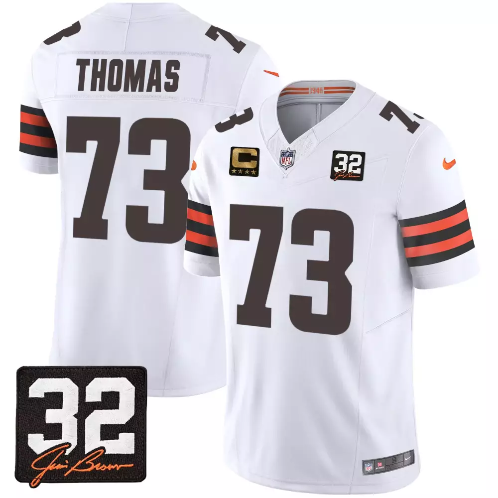 Joe Thomas Cleveland Browns 32 Jim Brown Memorial Patch White Jersey | Stitched Fan Gear | For Men, Women & Youth