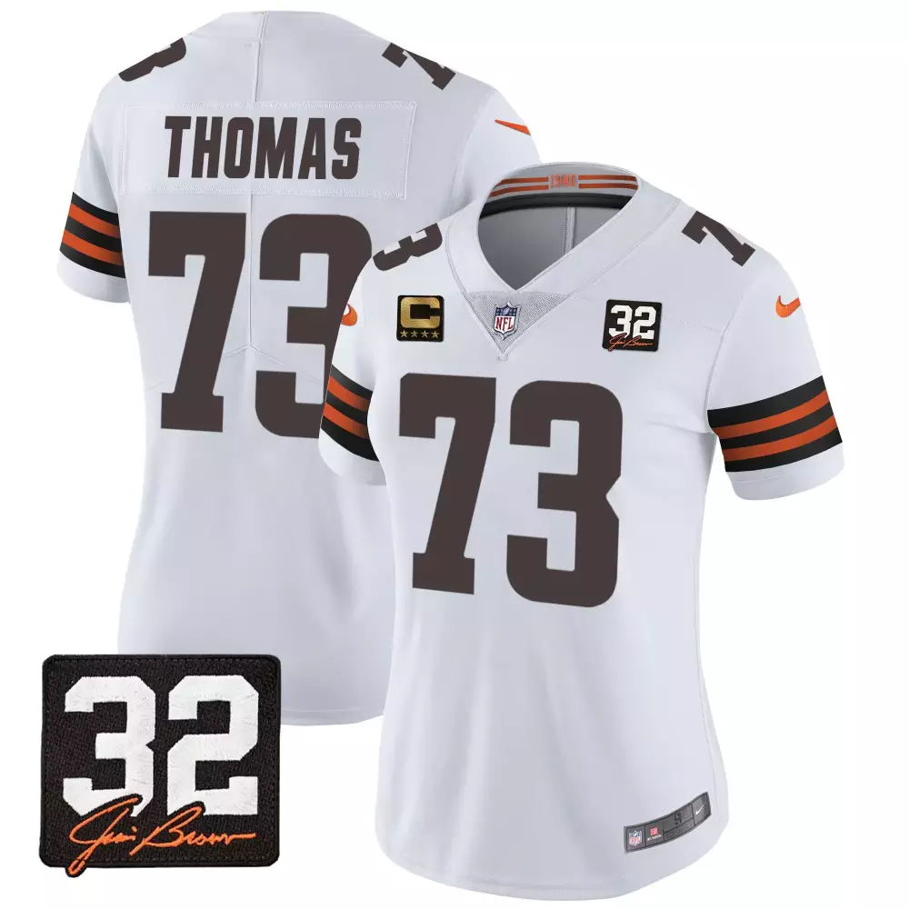 Joe Thomas Women's Cleveland Browns 32 Jim Brown Memorial Patch Jersey | Stitched White | Replica Fan Gear | For Men, Women & Youth