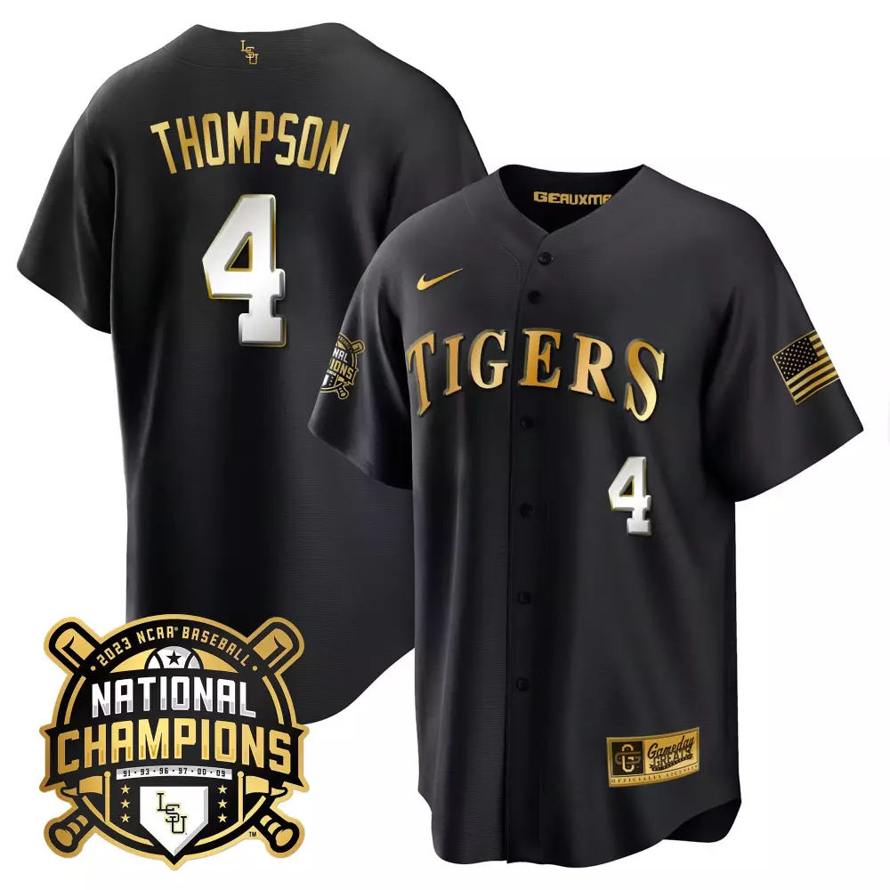 Jordan Thompson Black Limited LSU Tigers 2023 National Champions Gold Cool Jersey | All Stitched | Fan Gear for Men, Women & Youth