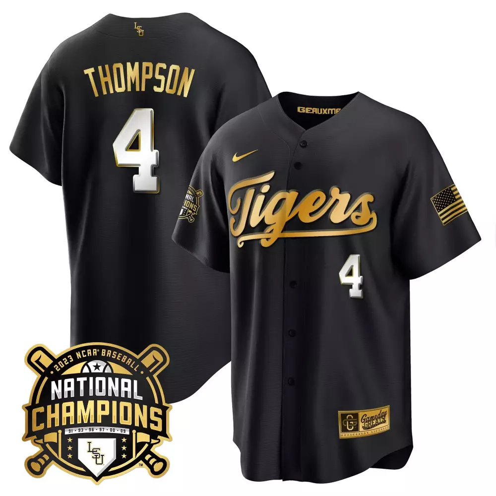 Jordan Thompson Black Limited Youths LSU Tigers 2023 National Champions Gold Cool Jersey V2 | All Stitched | Fan Gear