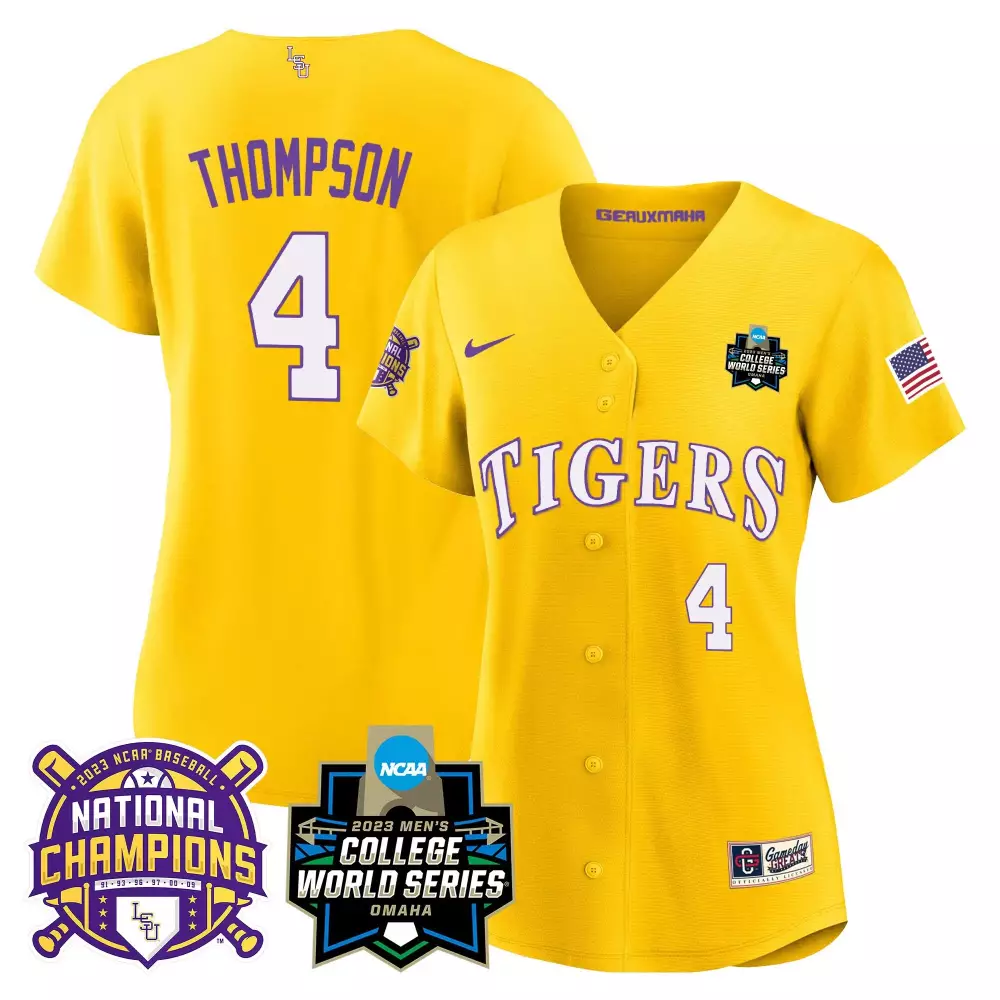 Jordan Thompson LSU Tigers 2023 National Champions Gold Jersey V3 | Women's All Stitched Design | Limited Edition Fan Gear | For Women & Youth