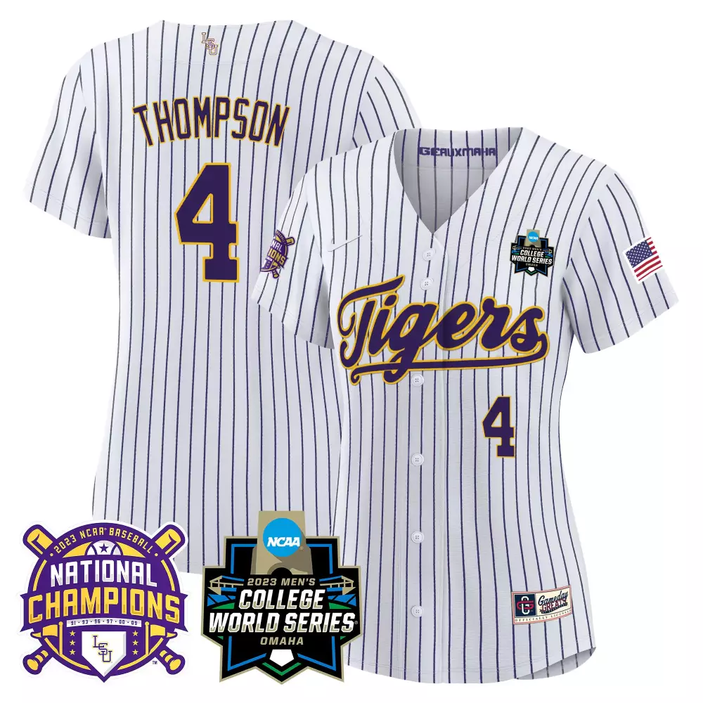 Jordan Thompson LSU Tigers 2023 National Champions Gold Pinstripe Jersey V3 | Women's All Stitched Design | Replica Fan Gear | For Women & Youth