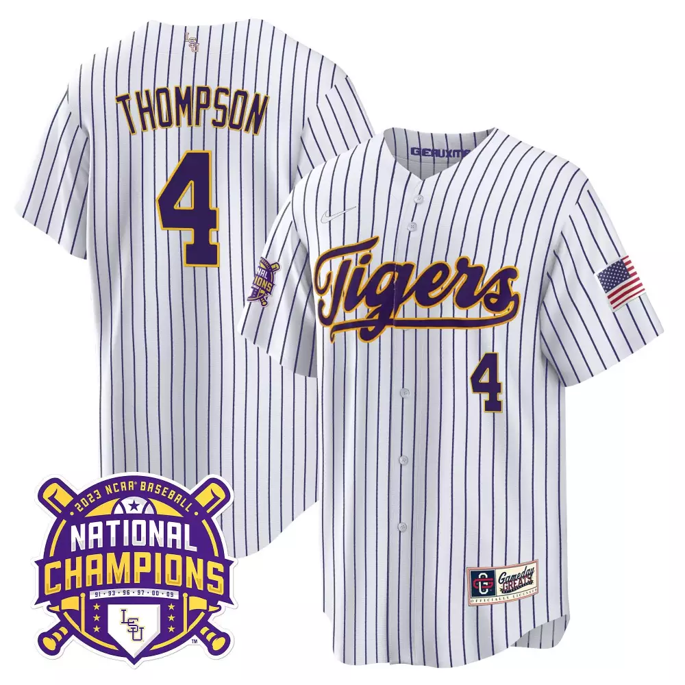 Jordan Thompson LSU Tigers 2023 National Champions Gold Pinstripe Jersey | Youths All Stitched Design | Game Day Outfit | For Youth