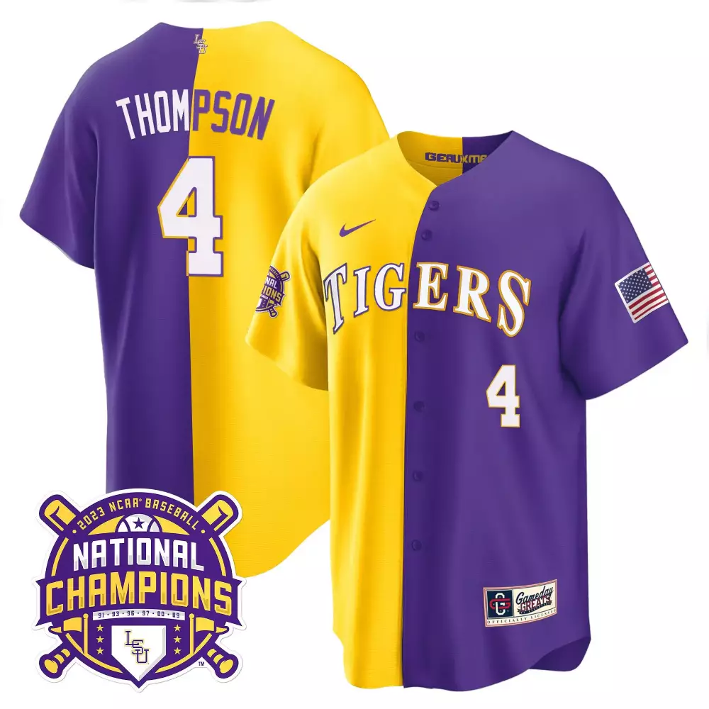 Jordan Thompson LSU Tigers 2023 National Champions Purple Gold Split Jersey | All Stitched Design | Game Day Outfit | For Men, Women & Youth
