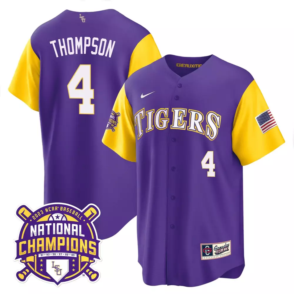 Jordan Thompson LSU Tigers 2023 Champions Alternate Color Sleeves Jersey | Purple Stitched Fan Gear | For Men, Women & Youth