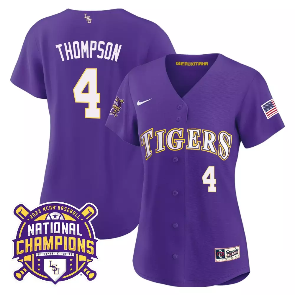 Jordan Thompson LSU Tigers 2023 National Champions Gold Cool Jersey | Purple Stitched Fan Gear | For Women