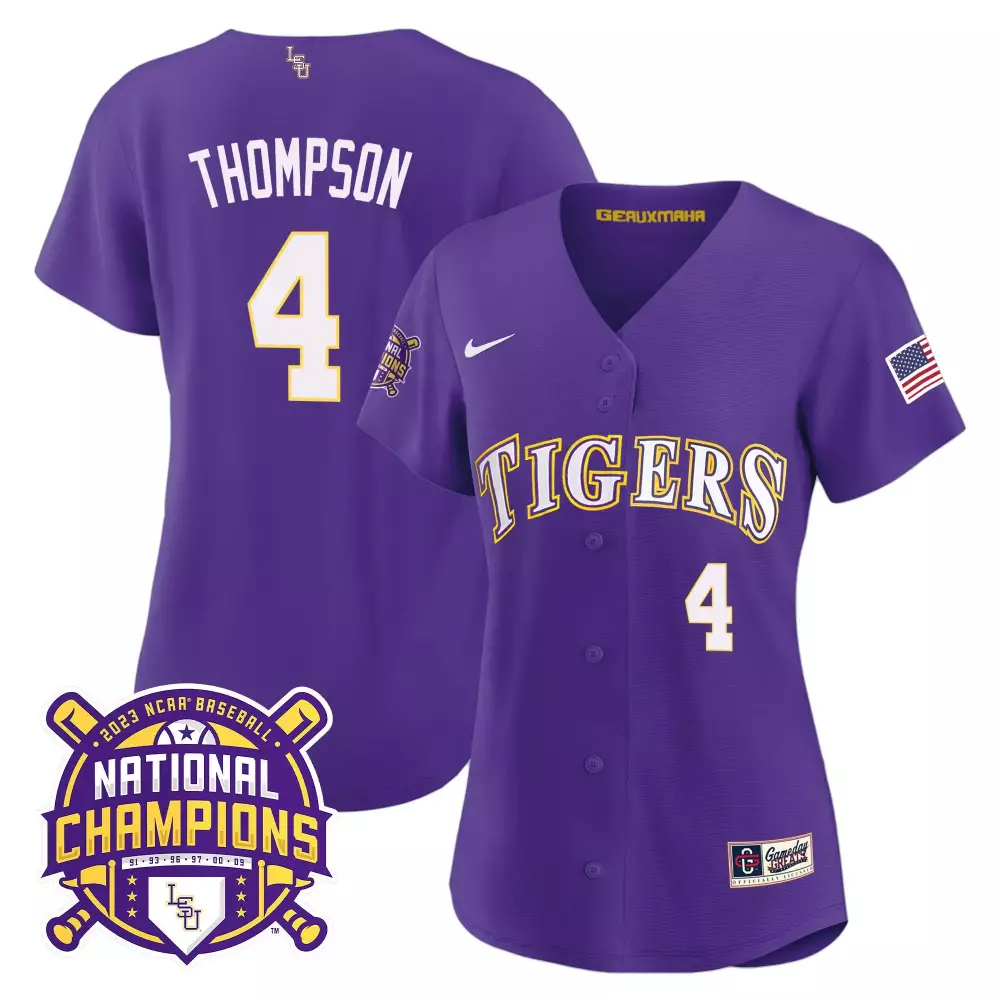 Jordan Thompson LSU Tigers 2023 National Champions Gold Jersey V2 | Purple Stitched Fan Gear | For Women